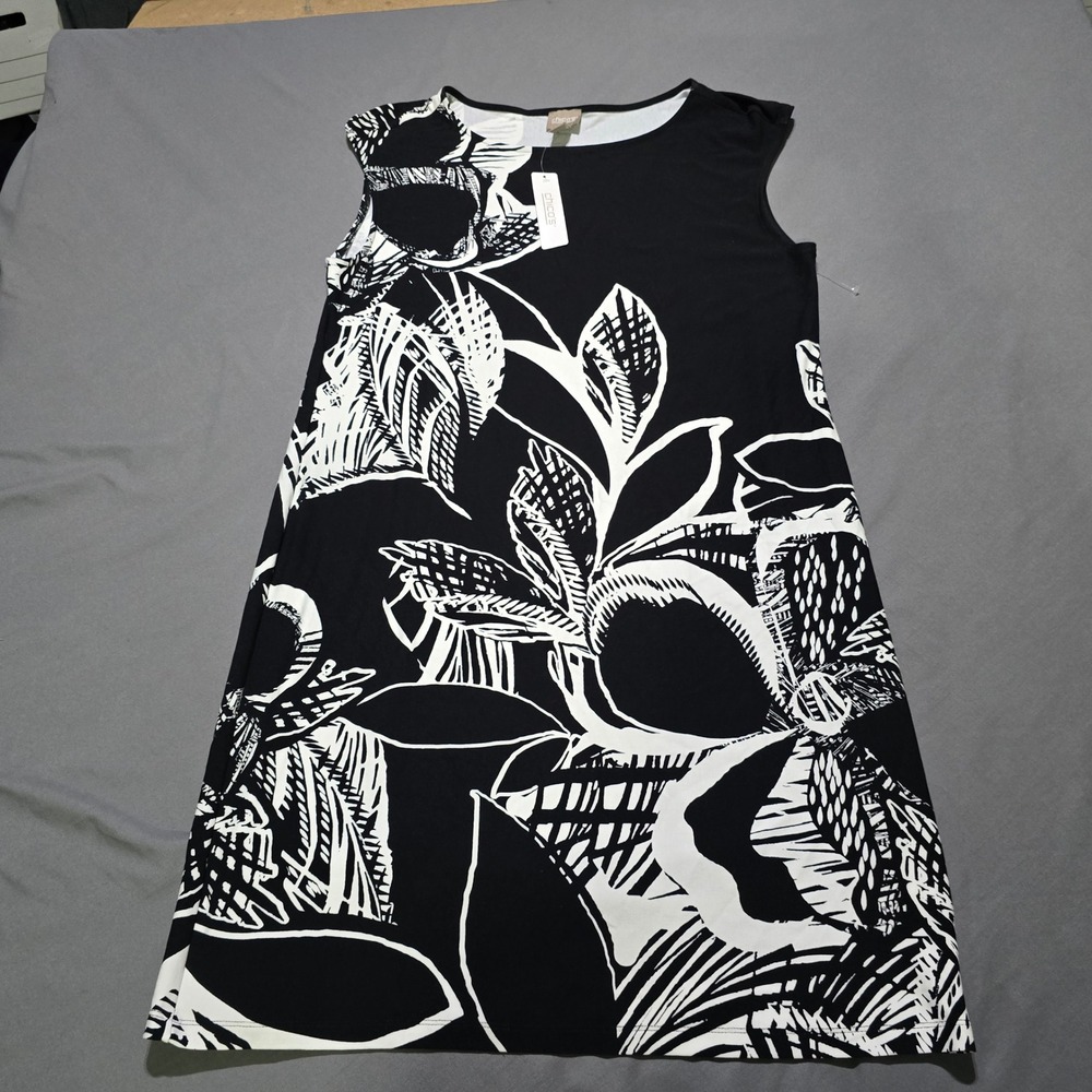 Chico's Carlie Knee Dress Women 2 L Black White Placed Bloom Floral 570327694
